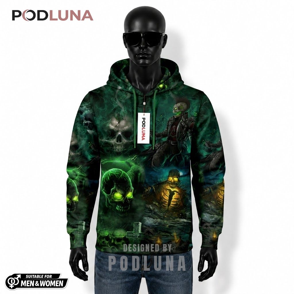 Zombie Halloween 3D Hoodie Green Skull Graveyard Rising Design 1