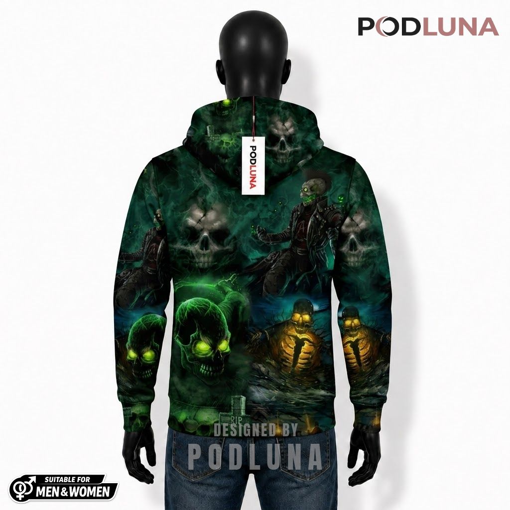 Zombie Halloween 3D Hoodie Green Skull Graveyard Rising Design 2 Zombie Halloween 3D Hoodie Green Skull Graveyard Rising Design 2