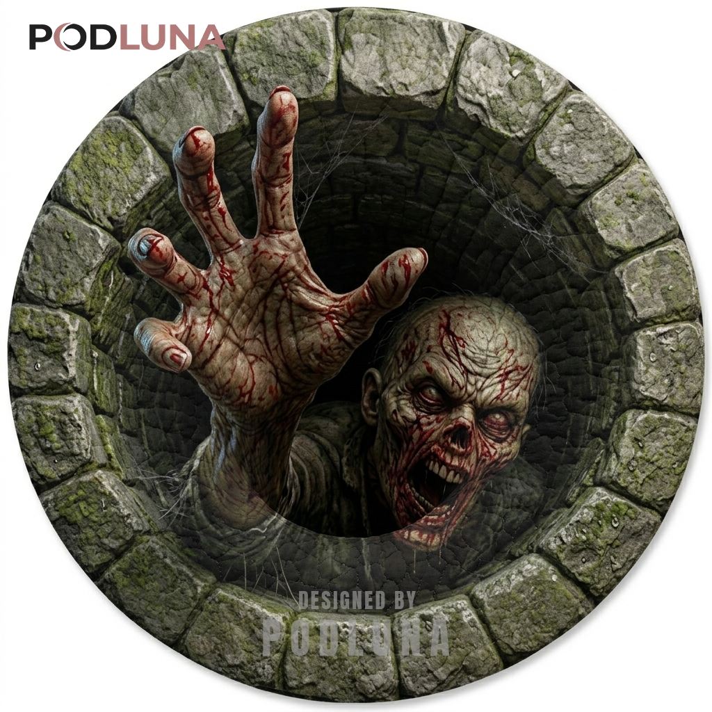 Zombie Halloween 3D Rug Mossy Well Illusion