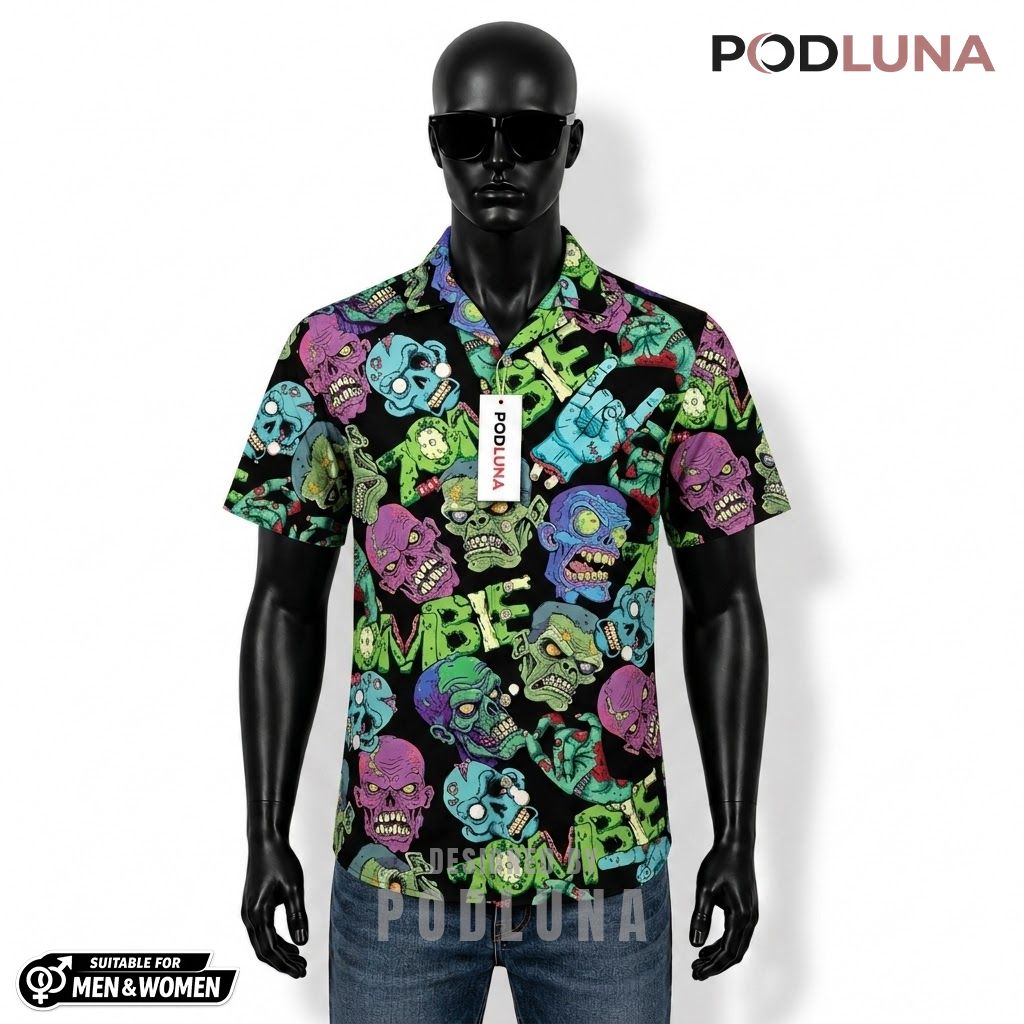 Zombie Halloween Hawaiian Shirt Colorful Face Pattern Front