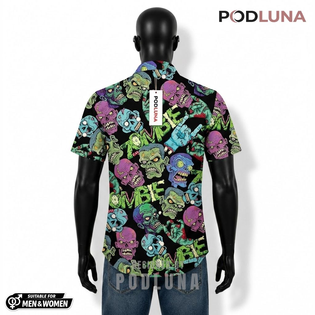 Zombie Halloween Hawaiian Shirt Colorful Face Pattern Back Zombie Halloween Hawaiian Shirt Colorful Face Pattern Back