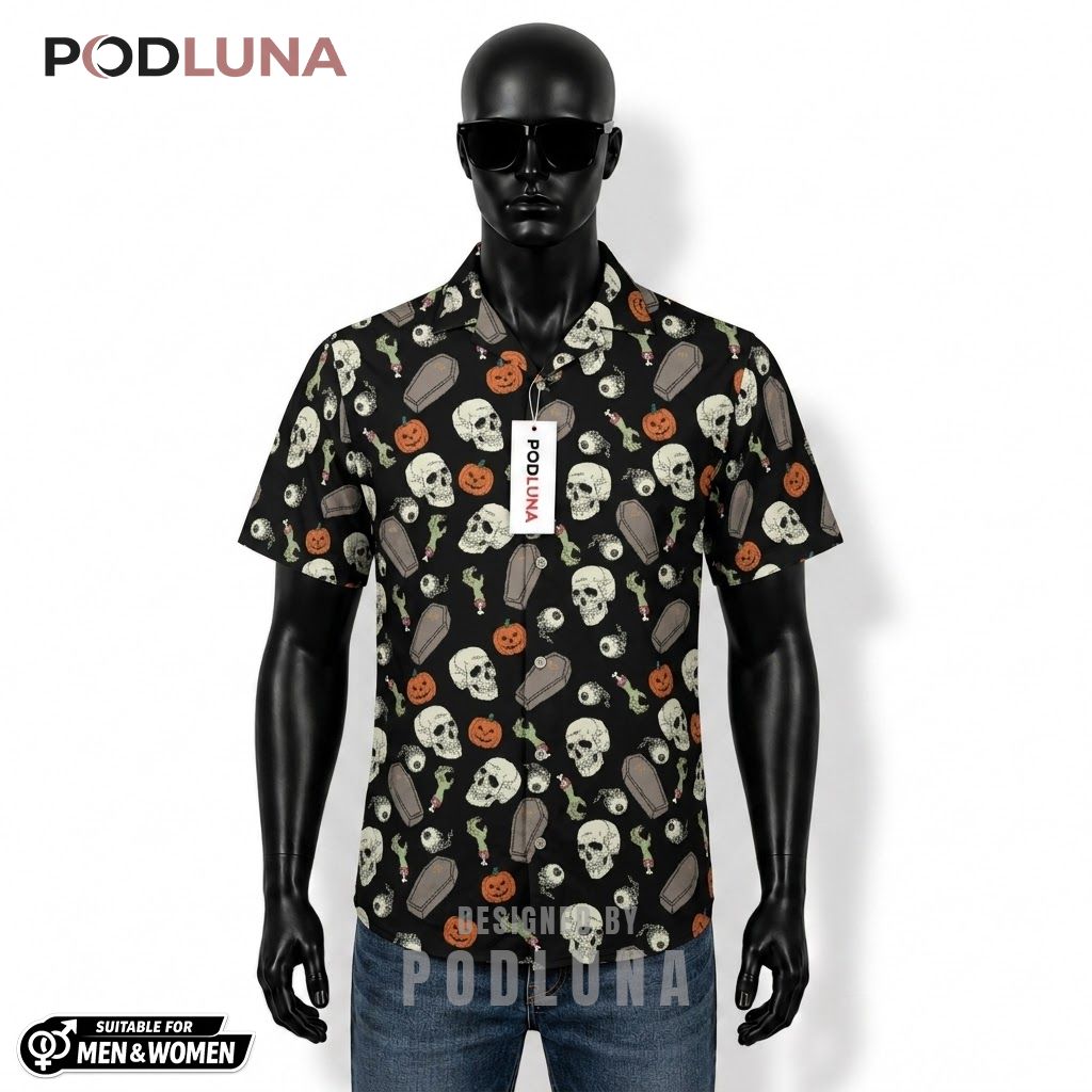 Zombie Hand Halloween Hawaiian Shirt Coffin Skull Pumpkin Front