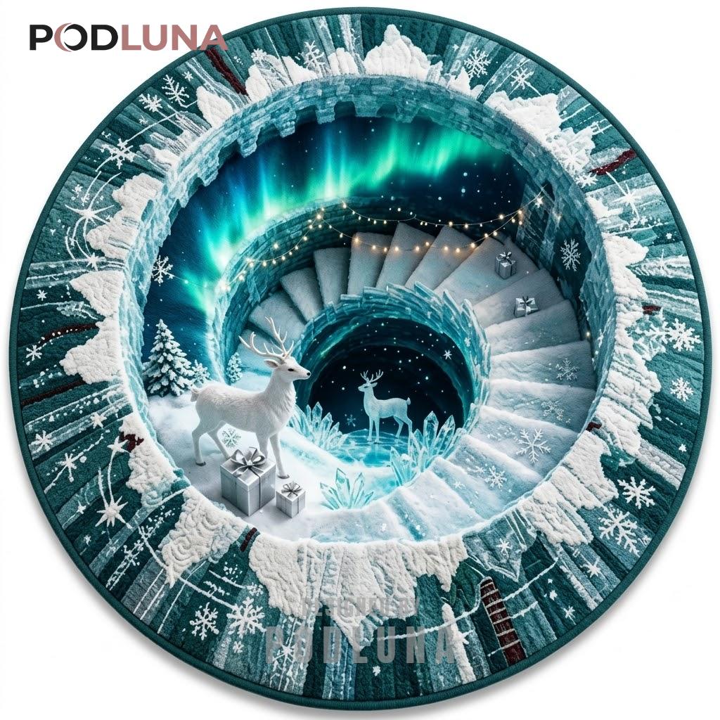 Aurora 3D Christmas Rug White Reindeer Ice Staircase