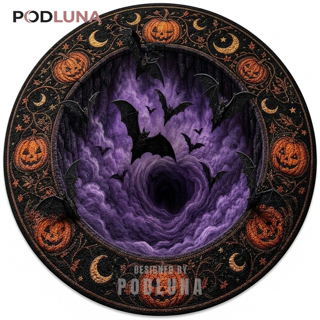 Bat Swarm Halloween 3D Rug Purple Vortex Pumpkin Moon Border 1