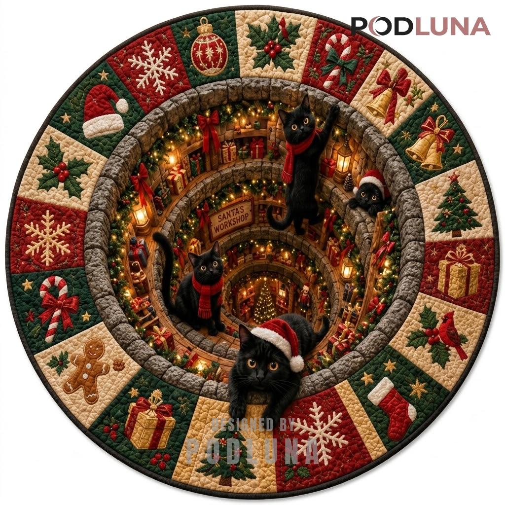 Black Cat 3D Christmas Rug Santa Workshop Patchwork Well