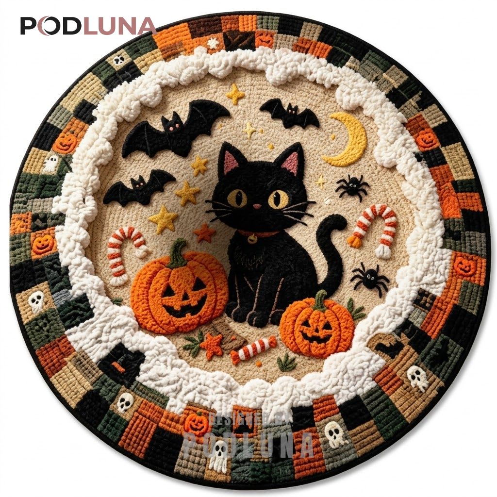 Black Cat Halloween 3D Rug Cute Bat Pumpkin Patchwork Border 1