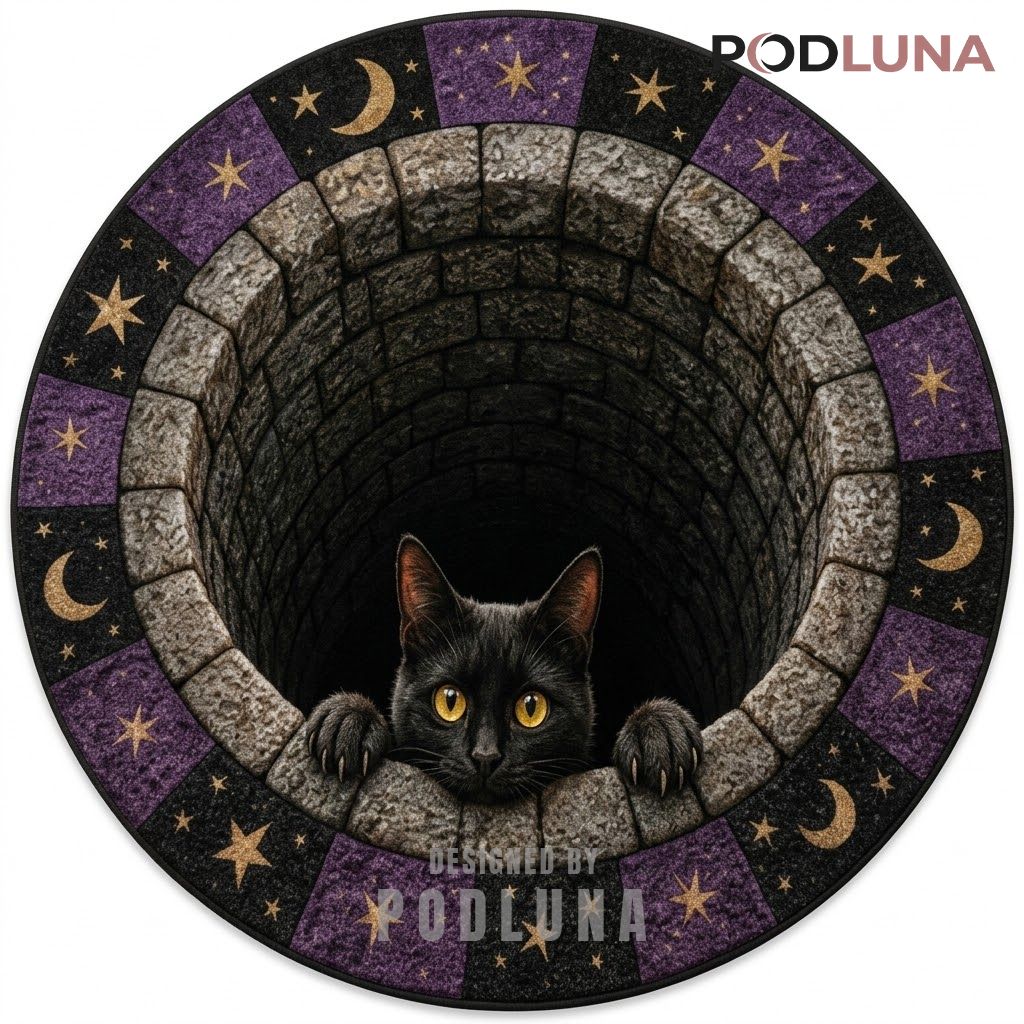 Black Cat Halloween 3D Rug Peeking Stone Well Moon Star Border 1