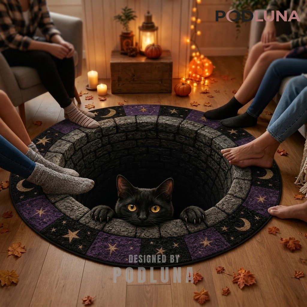 Black Cat Halloween 3D Rug Peeking Stone Well Moon Star Border 2 Black Cat Halloween 3D Rug Peeking Stone Well Moon Star Border 2
