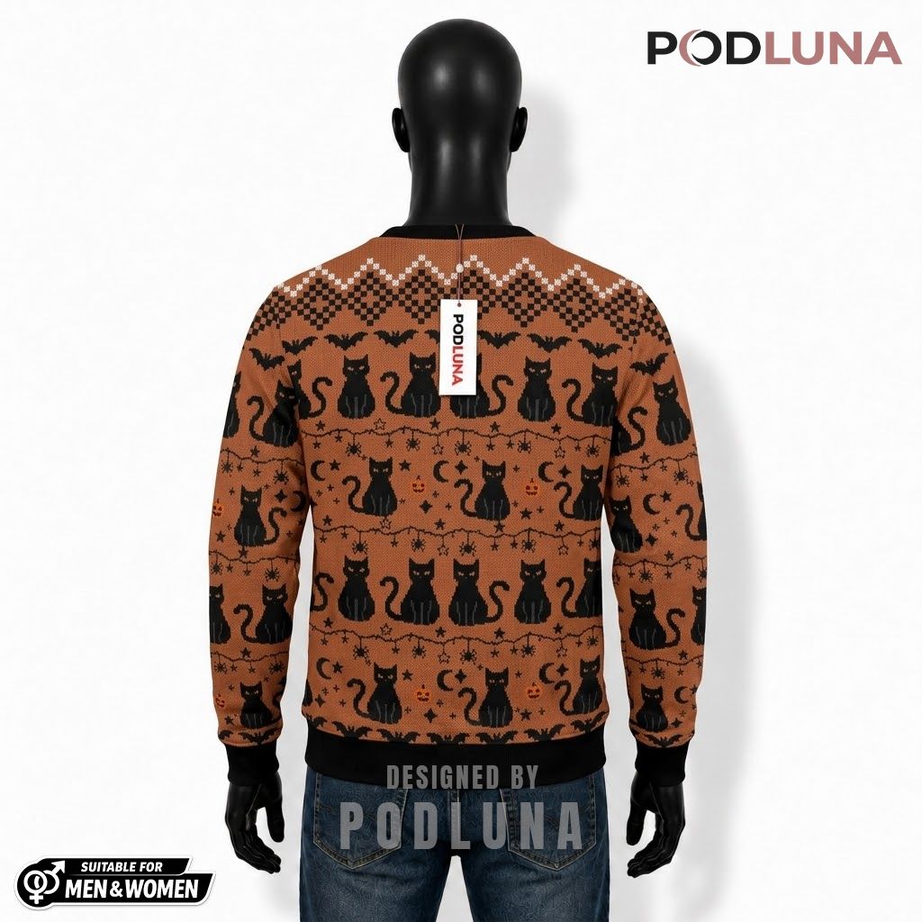 Black Cat Ugly Halloween Sweater Bat Spider Orange Pattern Back Black Cat Ugly Halloween Sweater Bat Spider Orange Pattern Back