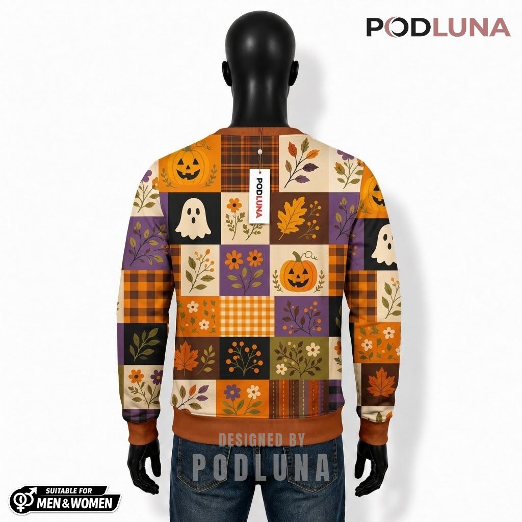 Black Cat Ugly Halloween Sweater Ghost Pumpkin Patchwork Print Back Black Cat Ugly Halloween Sweater Ghost Pumpkin Patchwork Print Back