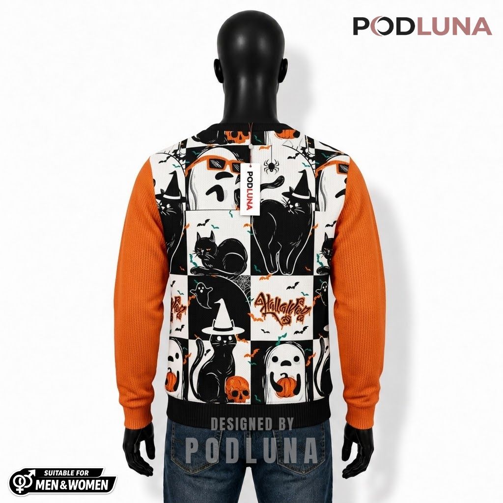 Black Cat Ugly Halloween Sweater Ghost Skull Checkered Print Back Black Cat Ugly Halloween Sweater Ghost Skull Checkered Print Back