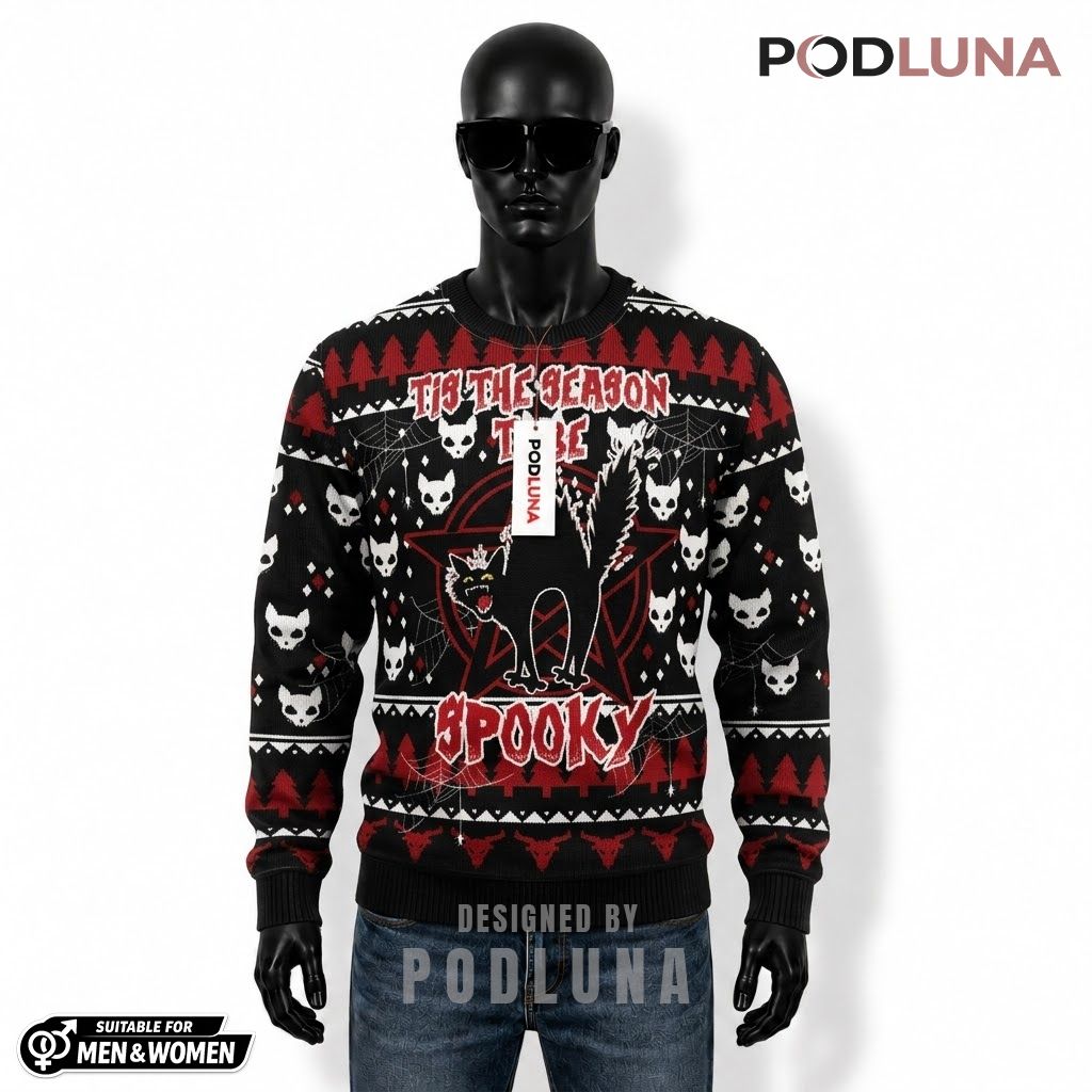 Black Cat Ugly Halloween Sweater Tis Season Spooky Pentagram Front