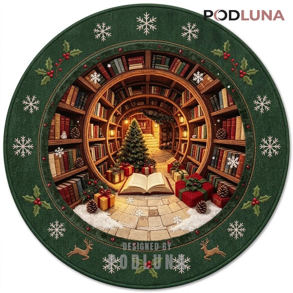 Bookshelf 3D Christmas Rug Library Tunnel Open Book