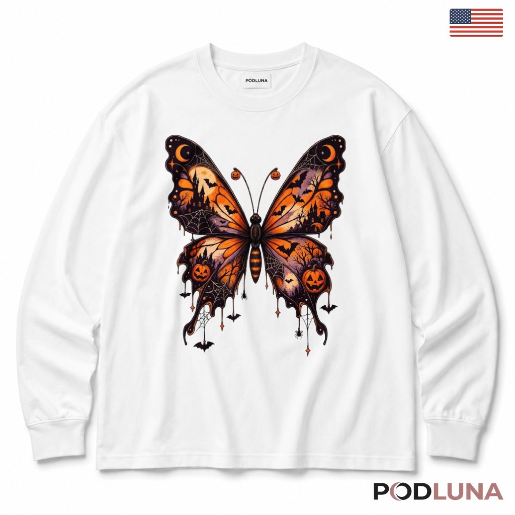 Butterfly Halloween Long Sleeve Pumpkin Moon Gothic Spooky Gift Butterfly Halloween Long Sleeve Pumpkin Moon Gothic Spooky Gift