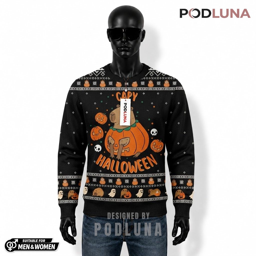 Capybara Ugly Halloween Sweater Capy Pumpkin Skull Print Front