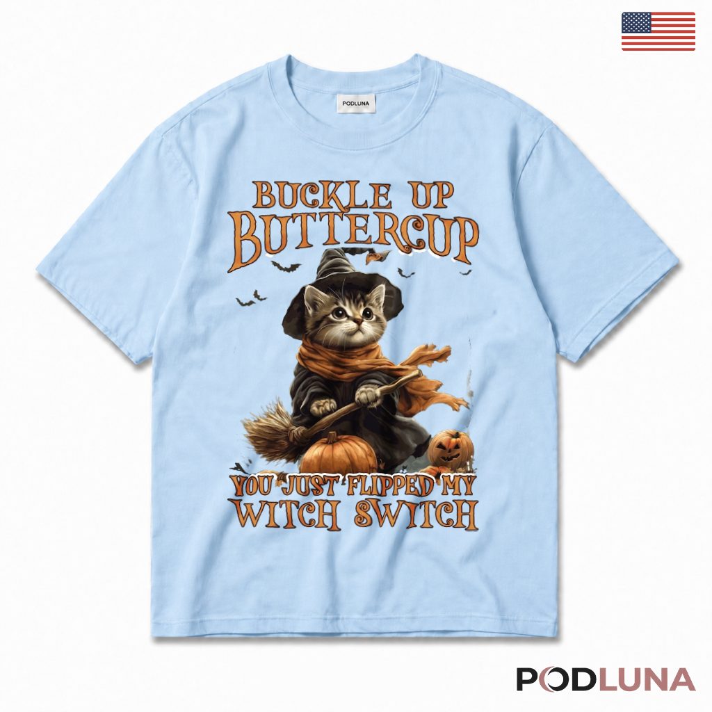 Cat Halloween T-Shirt Witch Broom Pumpkin Cute Animal