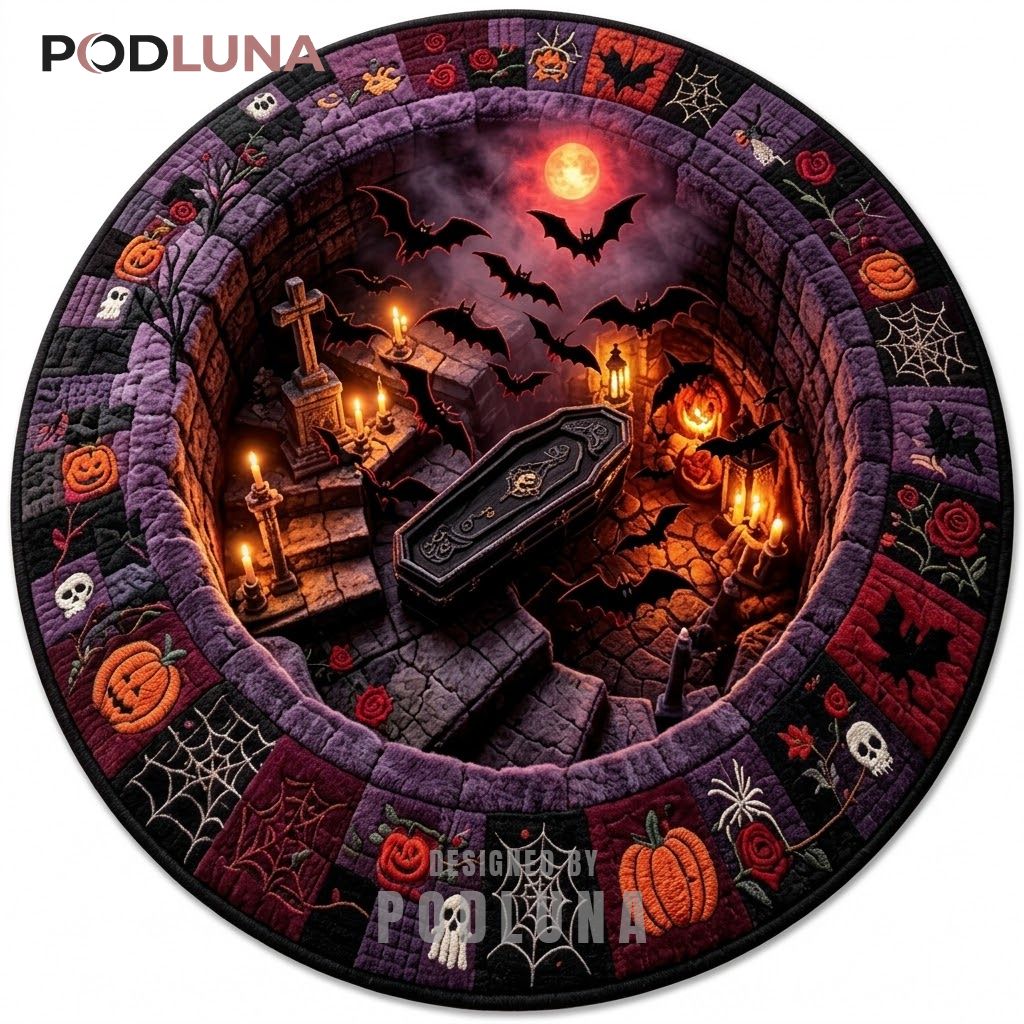Coffin Halloween 3D Rug Bat Moon Graveyard Patchwork Border 1