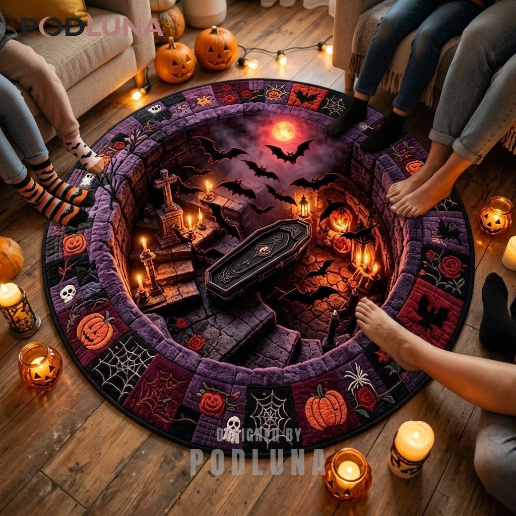 Coffin Halloween 3D Rug Bat Moon Graveyard Patchwork Border 2 Coffin Halloween 3D Rug Bat Moon Graveyard Patchwork Border 2