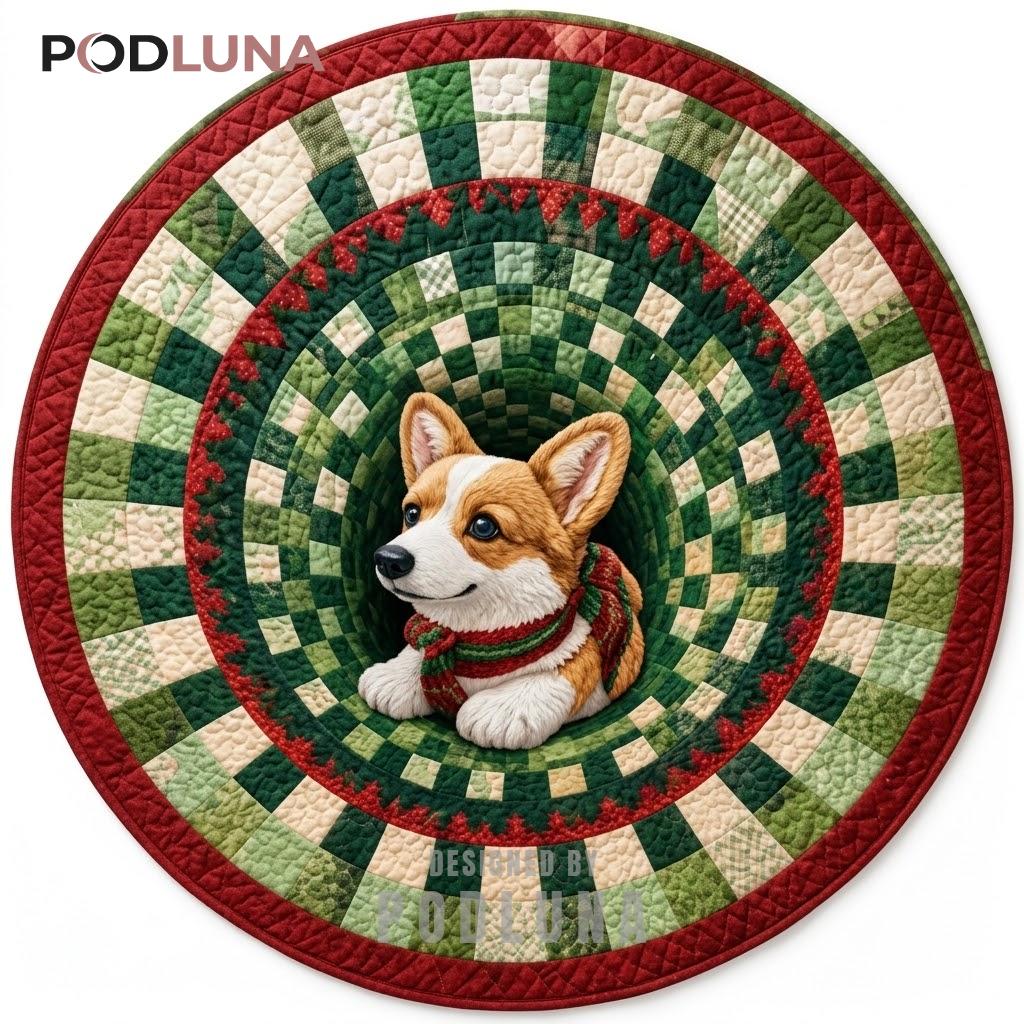 Corgi 3D Christmas Rug Plaid Scarf Braided Round