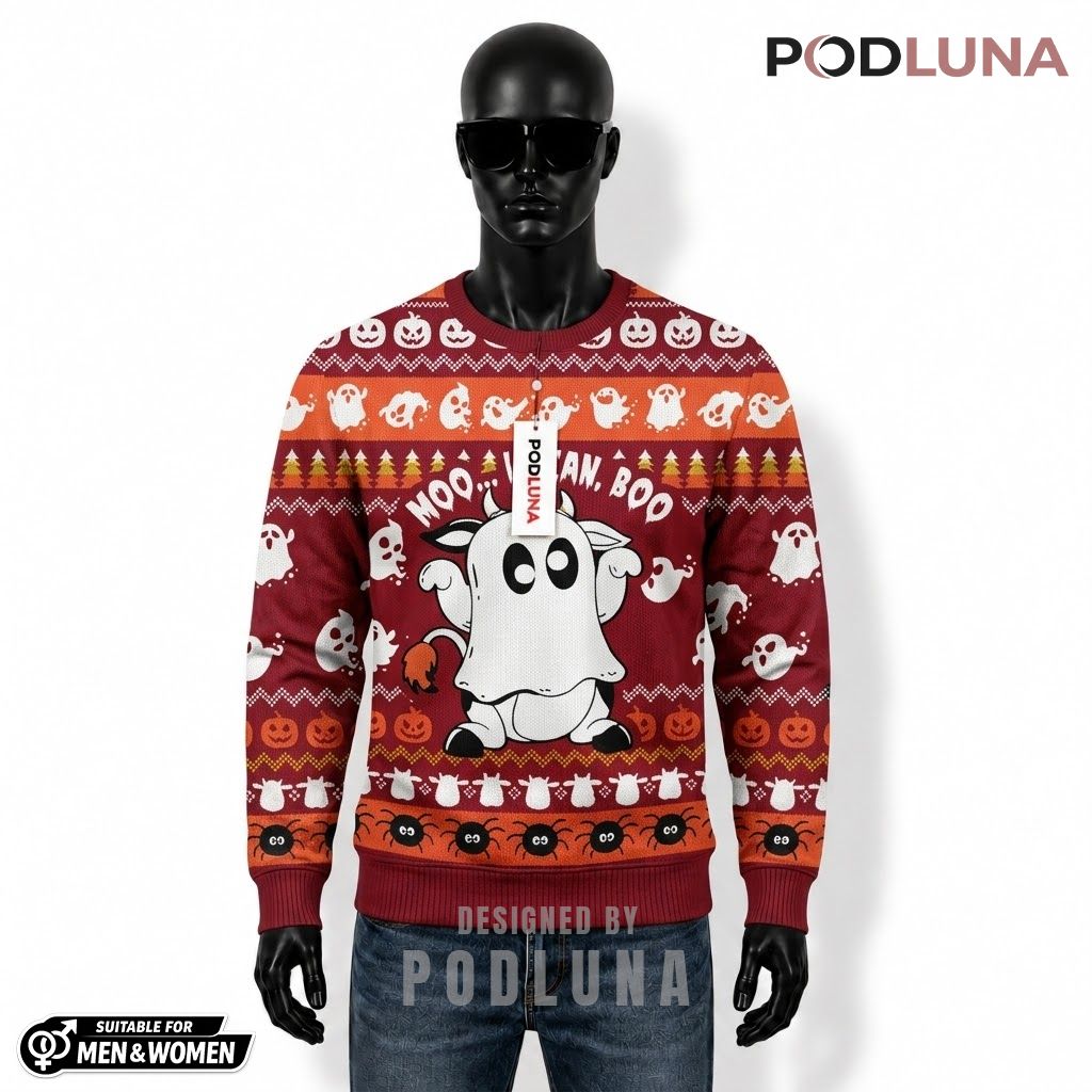 Cow Ugly Halloween Sweater Moo I Mean Boo Ghost Front