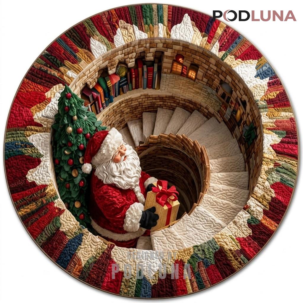 Cozy 3D Christmas Rug Santa Bookshelf Spiral Staircase