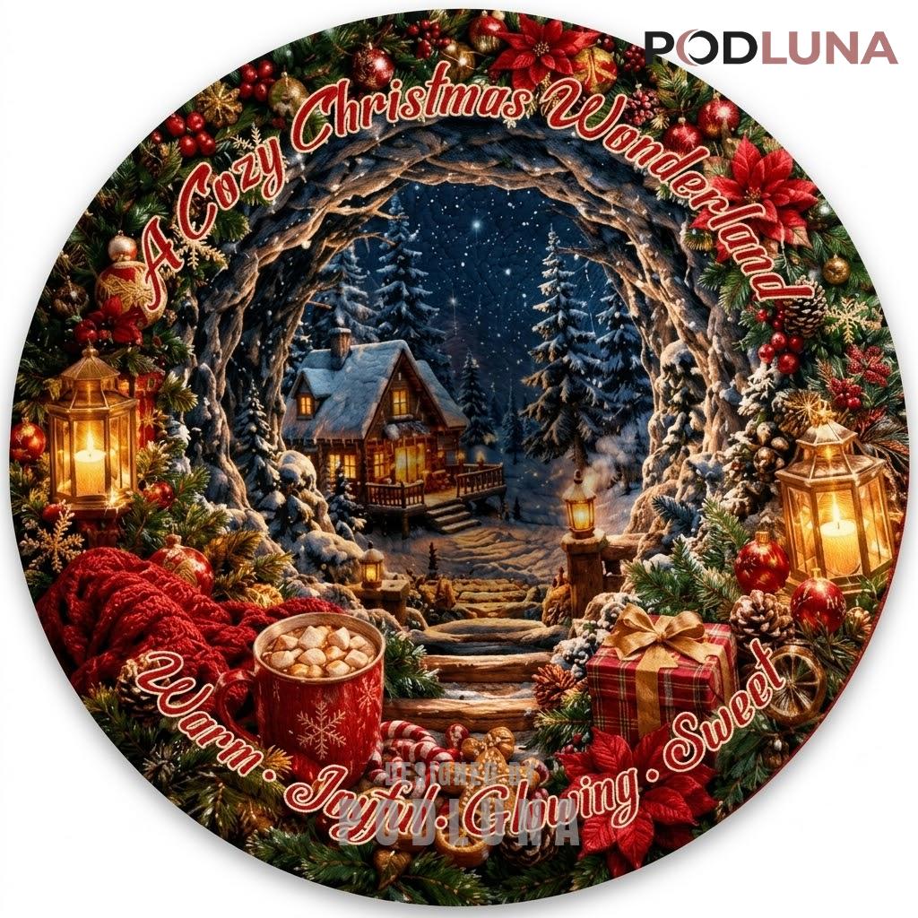 Cozy Cabin 3D Christmas Rug Snowy Archway Glow