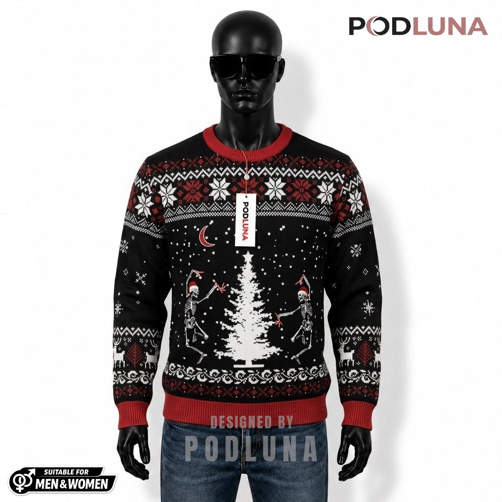 Custom Name Ugly Halloween Sweater Skeleton Dancing Christmas Tree Front