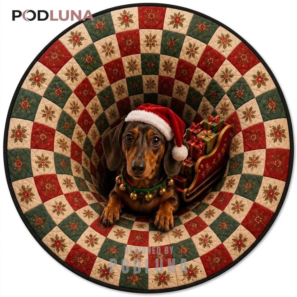 Dachshund 3D Christmas Rug Santa Sleigh Gift Patchwork