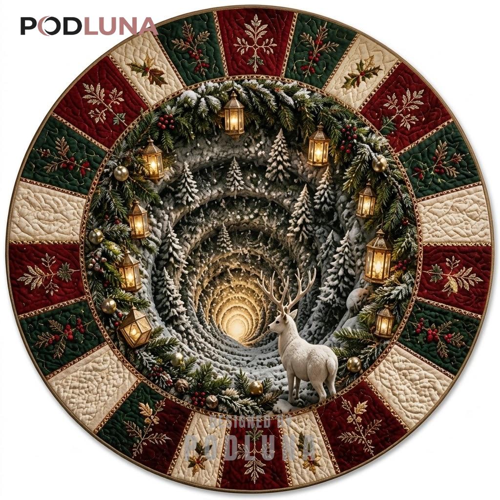 Deer 3D Christmas Rug Lantern Pine Tunnel Patchwork