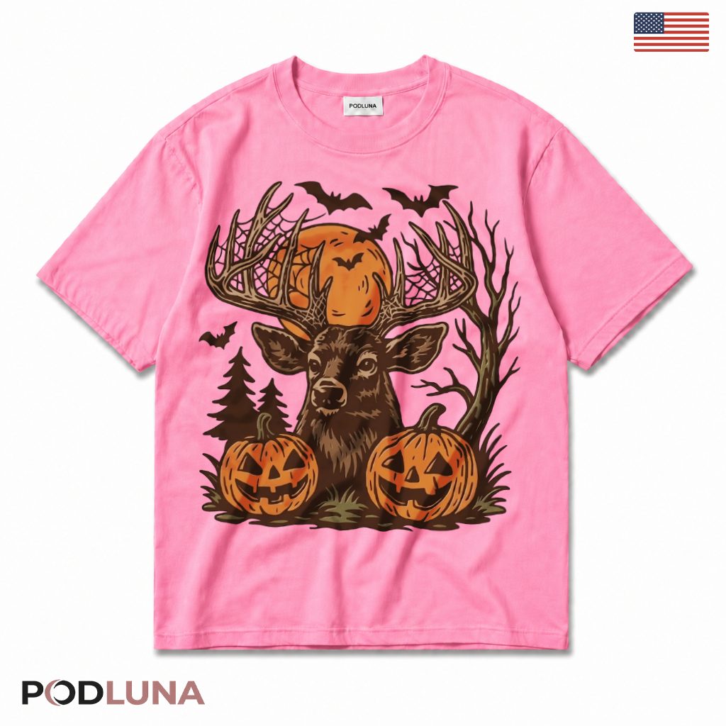 Deer Halloween T-Shirt Spooky Pumpkin Moon Bats Forest