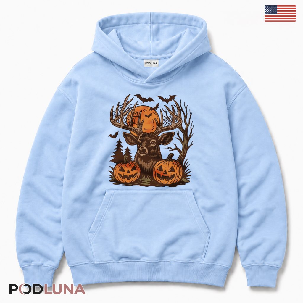 Deer Halloween Hoodie Spooky Pumpkin Moon Bats Forest Deer Halloween Hoodie Spooky Pumpkin Moon Bats Forest