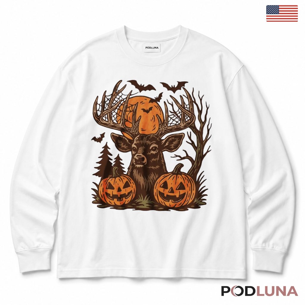 Deer Halloween Long Sleeve Spooky Pumpkin Moon Bats Forest Deer Halloween Long Sleeve Spooky Pumpkin Moon Bats Forest