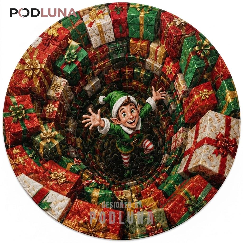Elf 3D Christmas Rug Gift Box Vortex Cheerful Jump