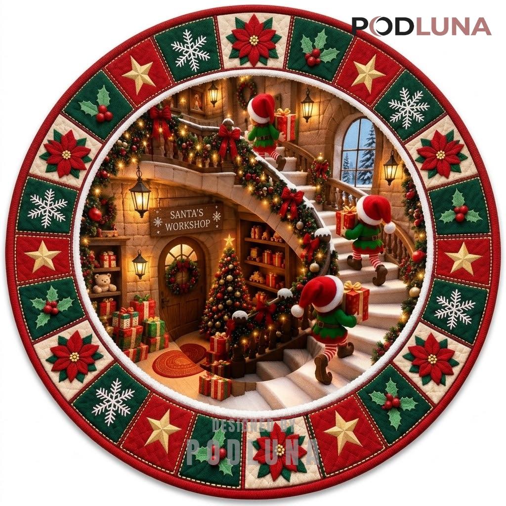 Elf 3D Christmas Rug Santa Workshop Staircase Poinsettia