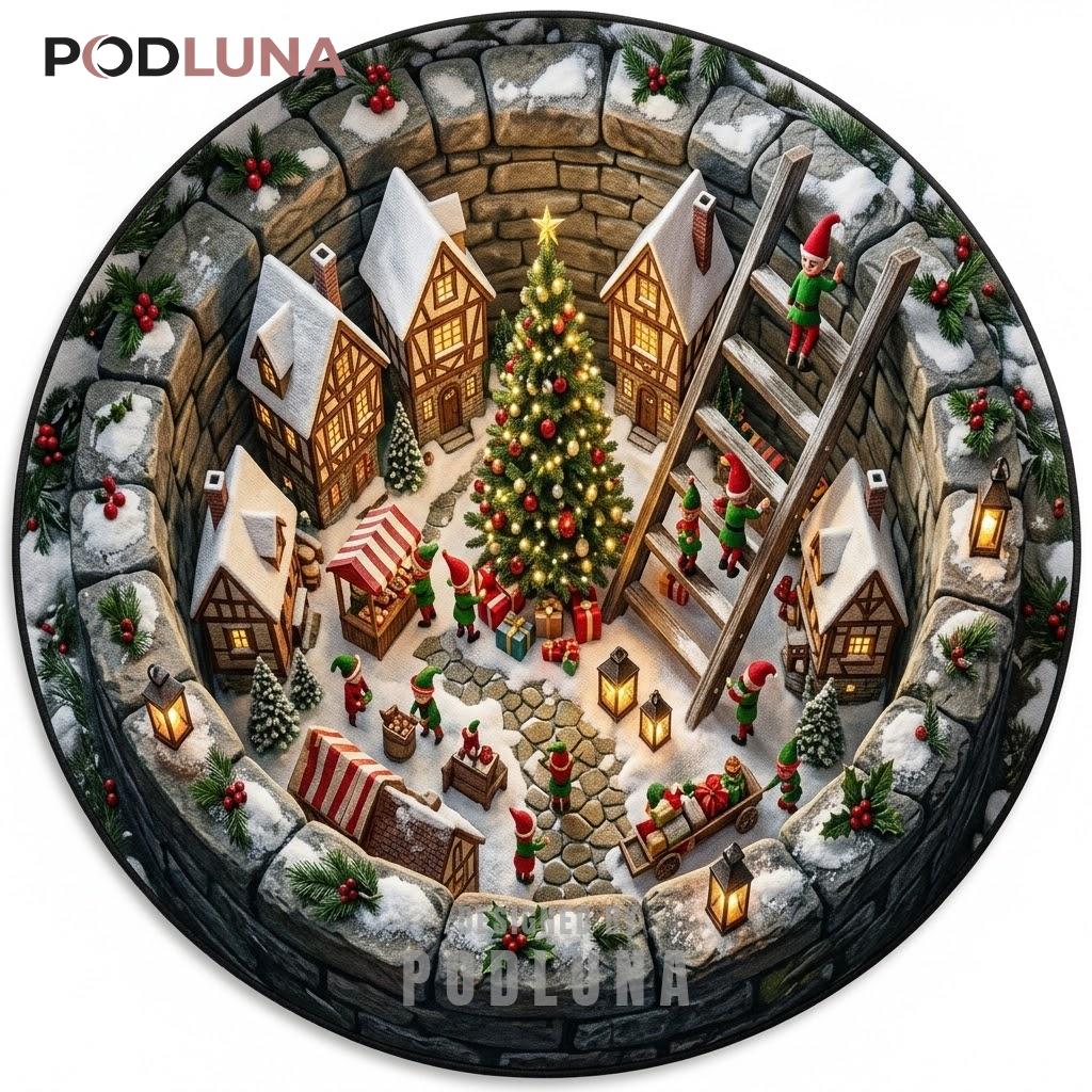 Elf 3D Christmas Rug Village Ladder Stone Wall Workshop