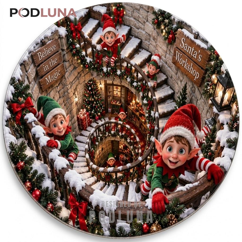 Elf Children 3D Christmas Rug Workshop Spiral Stairs