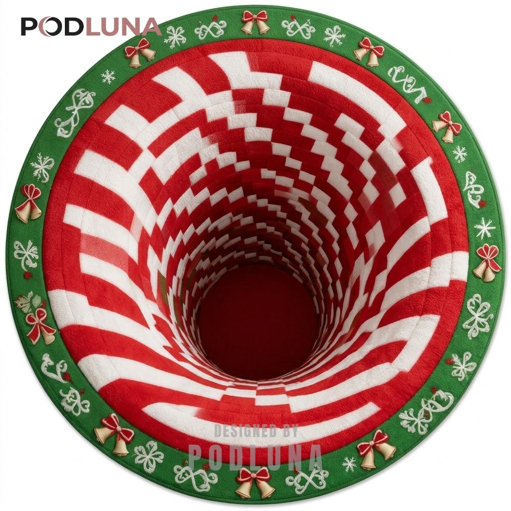 Elf Hat 3D Christmas Rug Checkerboard Bell Trim Sinkhole