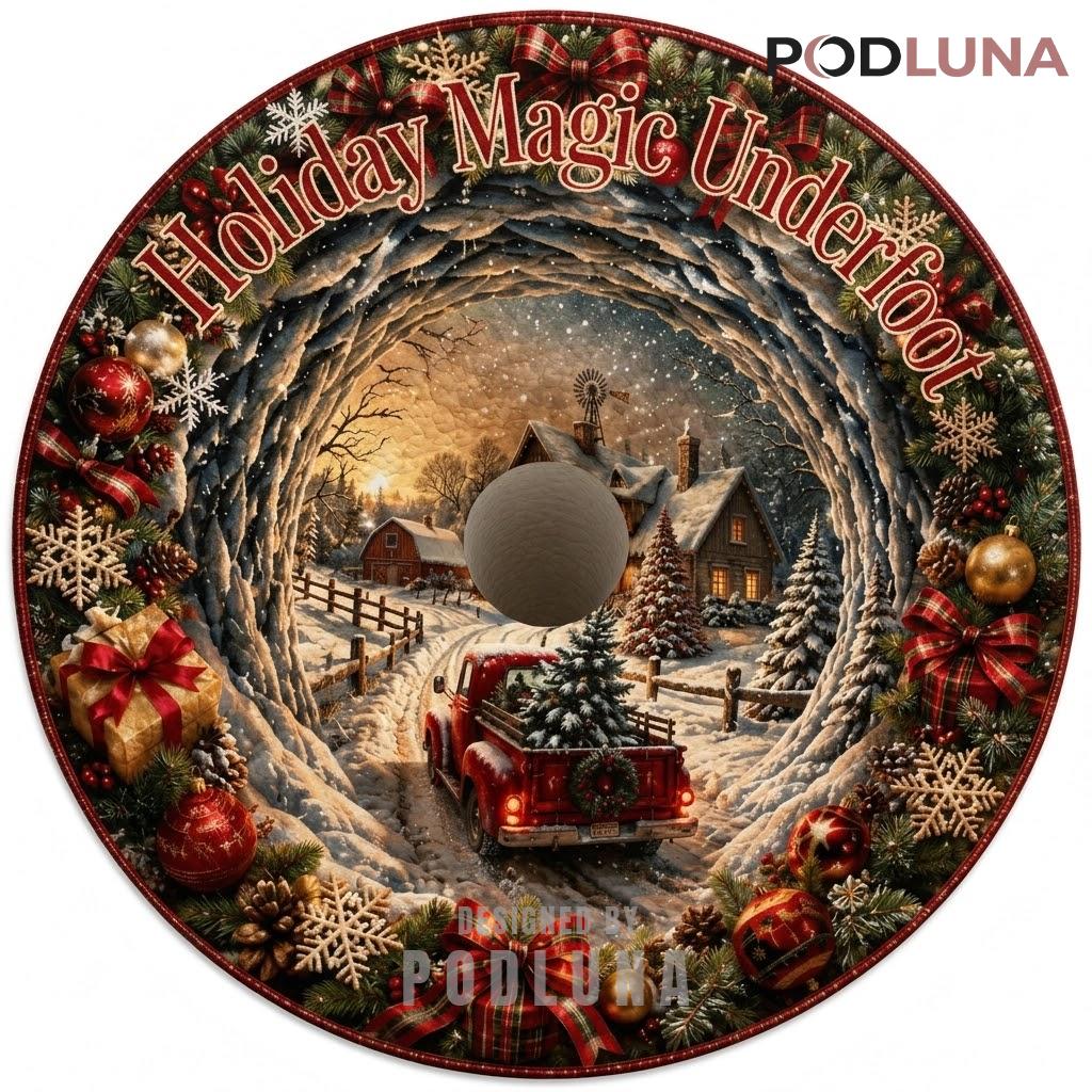 Farmhouse 3D Christmas Rug Red Truck Snowy Homestead