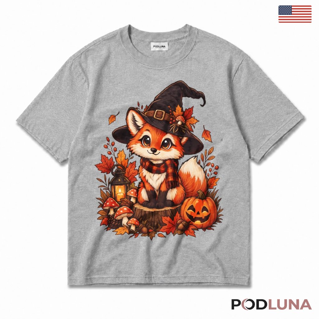 Fox Halloween T-Shirt Witch Cute Autumn Pumpkin Forest