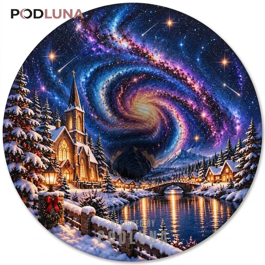 Galaxy Sky 3D Christmas Rug Church Snowy Village River