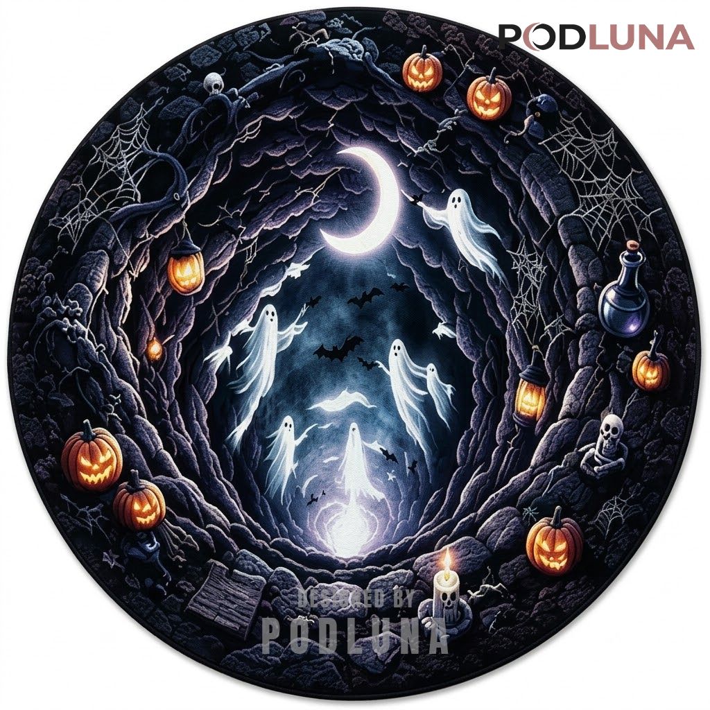 Ghost Halloween 3D Rug Crescent Moon Cave Pumpkin Illusion 1