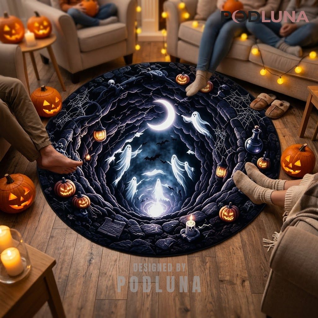 Ghost Halloween 3D Rug Crescent Moon Cave Pumpkin Illusion 2 Ghost Halloween 3D Rug Crescent Moon Cave Pumpkin Illusion 2