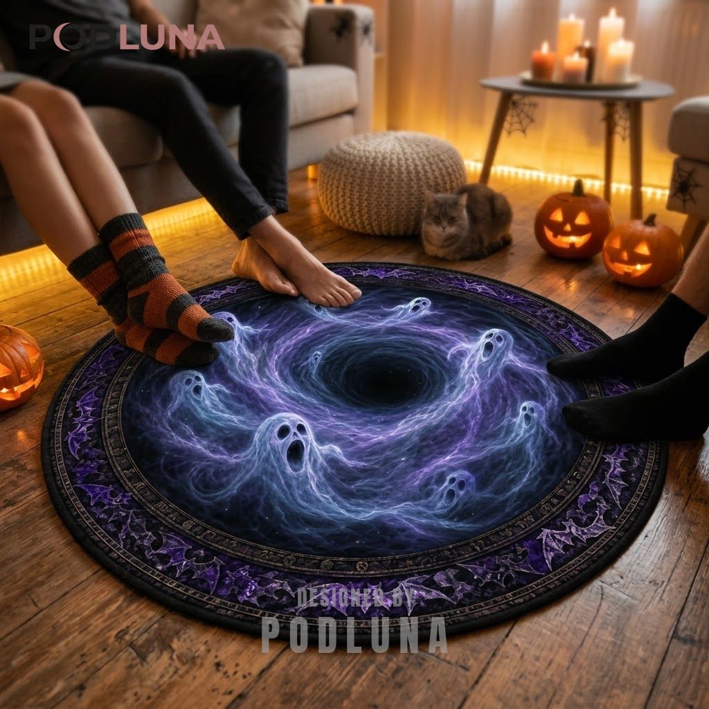 Ghost Halloween 3D Rug Swirling Purple Vortex Bat Border 2 Ghost Halloween 3D Rug Swirling Purple Vortex Bat Border 2