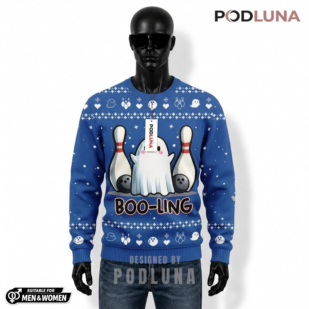 Ghost Ugly Halloween Sweater Boo Ling Bowling Blue Front