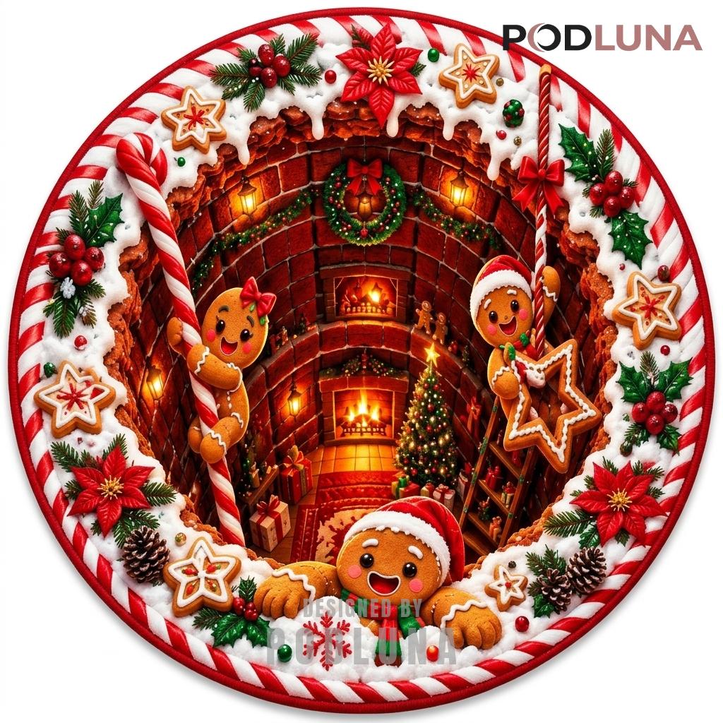 Gingerbread Kids 3D Christmas Rug Cookie Well Fireplace Scene