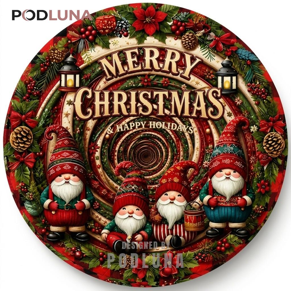 Gnome Quartet 3D Christmas Rug Lantern Poinsettia Swirl