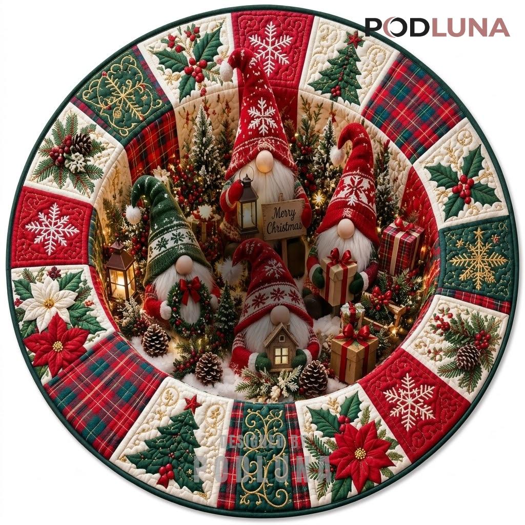 Gnome Trio 3D Christmas Rug Poinsettia Patchwork Lantern