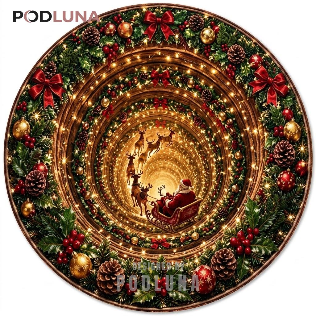 Golden 3D Christmas Rug Sleigh Ride Light Tunnel