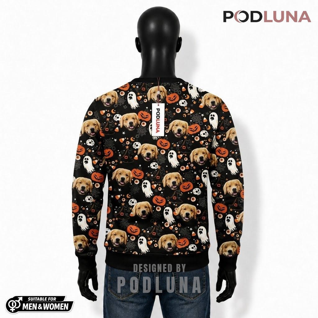 Golden Retriever Ugly Halloween Sweater Ghost Pumpkin Pattern Back Golden Retriever Ugly Halloween Sweater Ghost Pumpkin Pattern Back