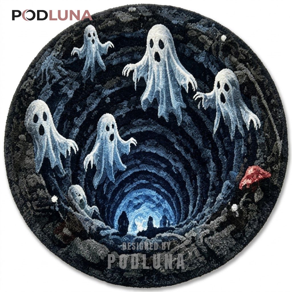 Halloween 3D Rug Floating Ghosts Deep Blue Tunnel Illusion 1